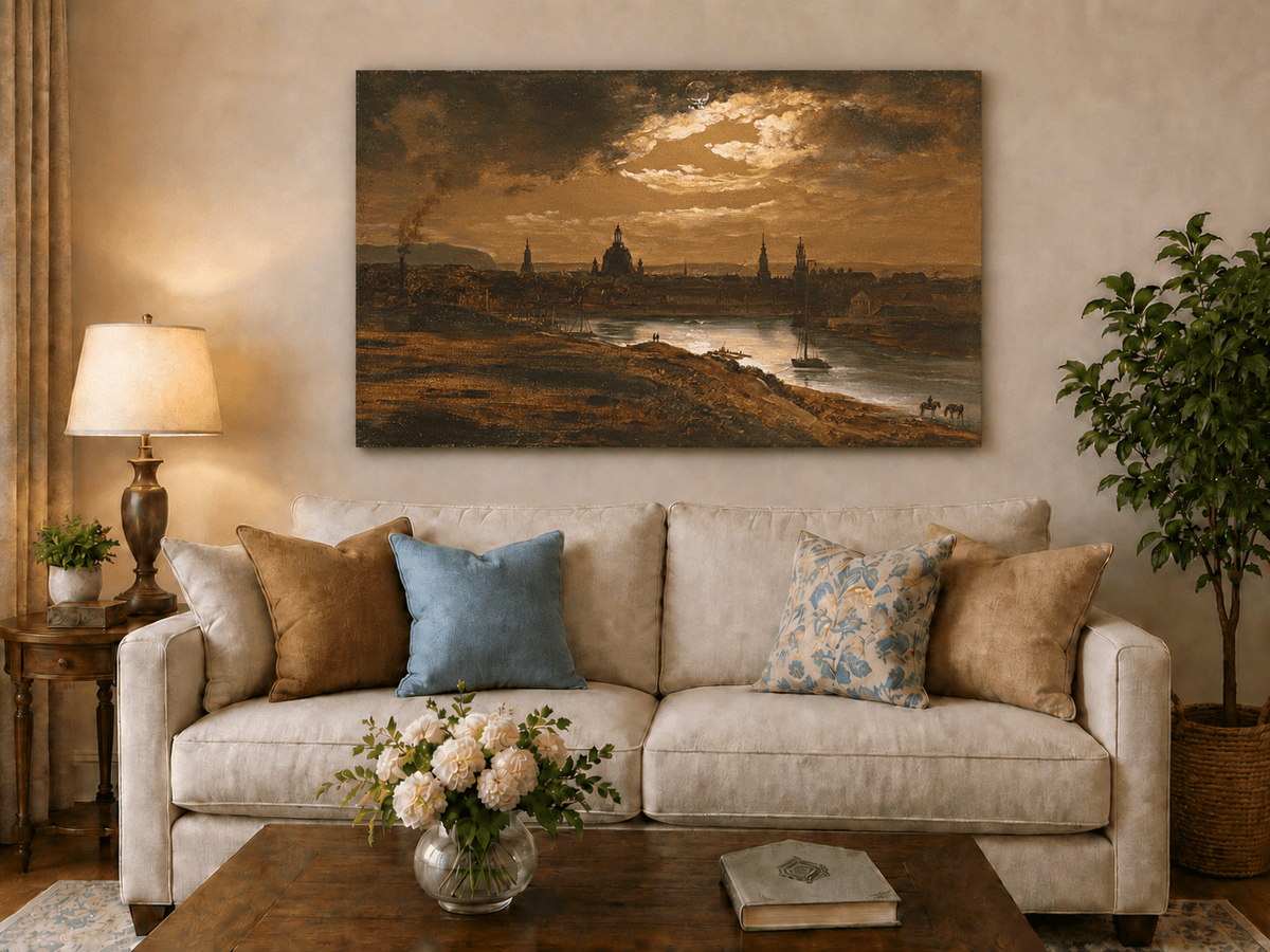Historic riverside city hand-painted oil artwork displayed in a second interior view.
