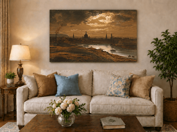 Historic riverside city hand-painted oil artwork displayed in a second interior view.
