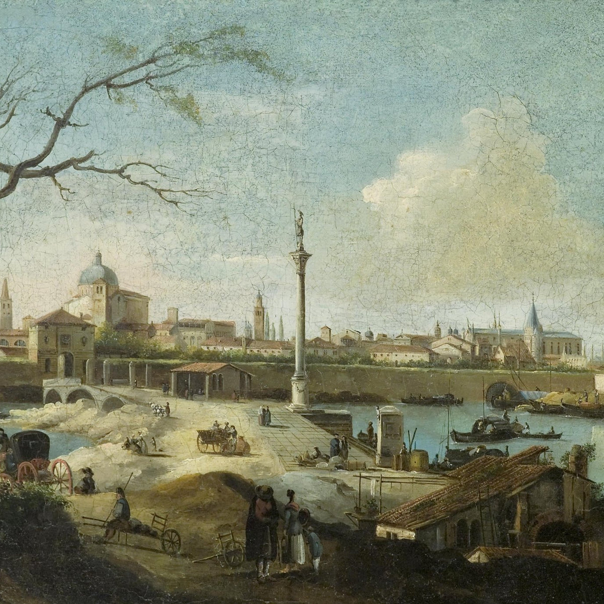 Landscape Oil Painting - Riverside City Quay, Column Statue, Buildings - Oil Painting Haven