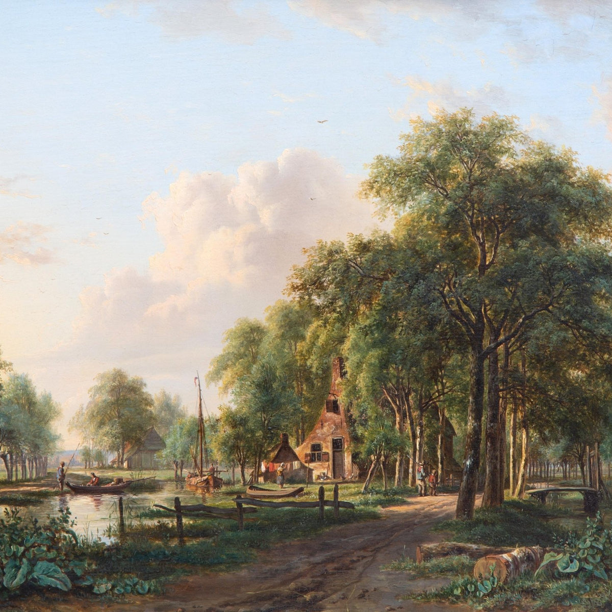 Landscape Oil Painting - Riverside Cottage and Canal Boats Scene - Oil Painting Haven
