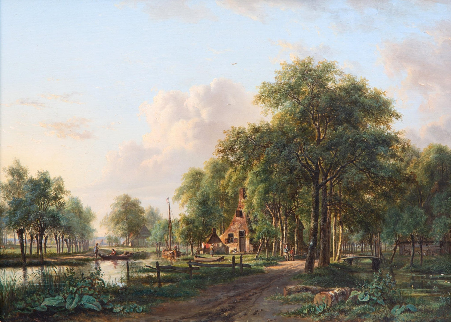 Landscape Oil Painting - Riverside Cottage and Canal Boats Scene - Oil Painting Haven