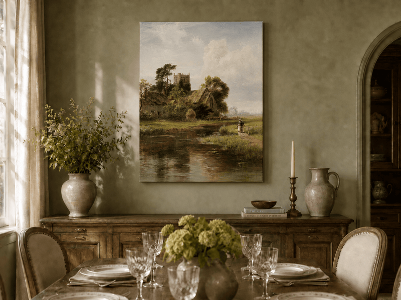 Landscape Oil Painting - Riverside Cottage and Church Tower View