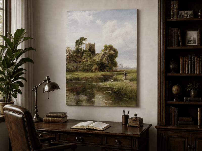 Landscape Oil Painting - Riverside Cottage and Church Tower View