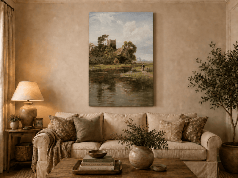 Landscape Oil Painting - Riverside Cottage and Church Tower View