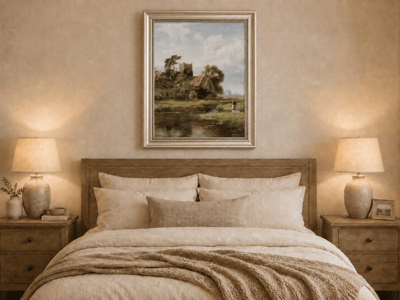 Landscape Oil Painting - Riverside Cottage and Church Tower View