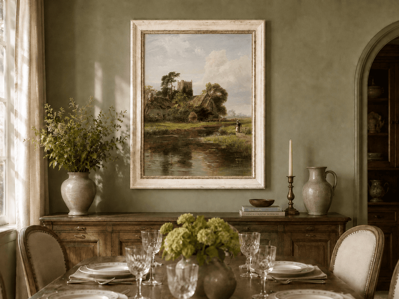 Landscape Oil Painting - Riverside Cottage and Church Tower View