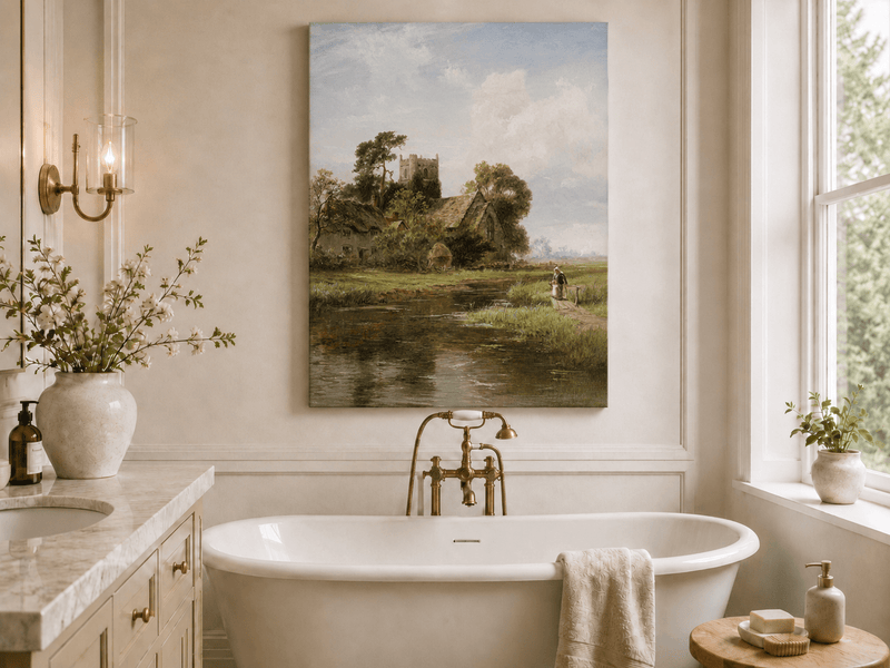 Landscape Oil Painting - Riverside Cottage and Church Tower View