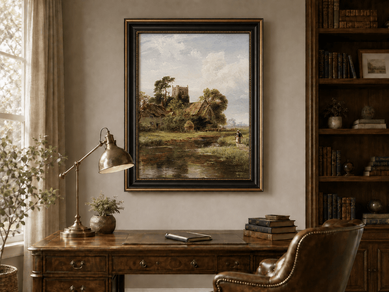 Landscape Oil Painting - Riverside Cottage and Church Tower View