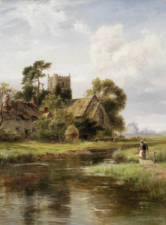 Landscape Oil Painting - Riverside Cottage and Church Tower View - Oil Painting Haven