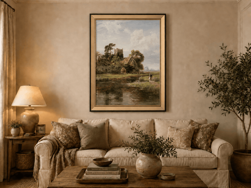 Landscape Oil Painting - Riverside Cottage and Church Tower View