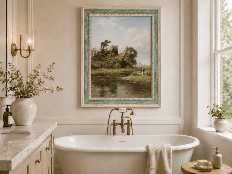 Landscape Oil Painting - Riverside Cottage and Church Tower View