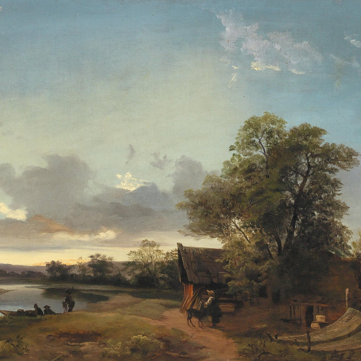 Hand-painted riverside cottage at evening light landscape oil painting on canvas