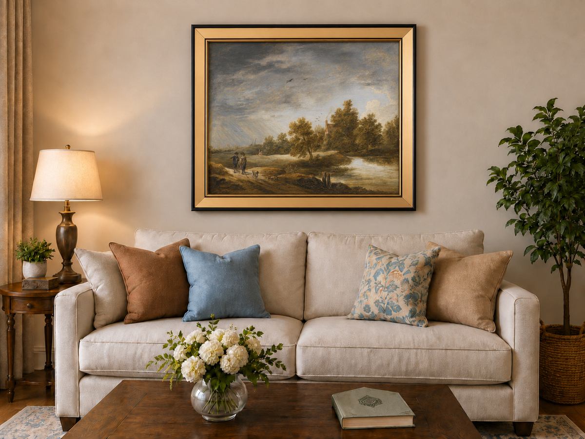 Hand-painted Riverside Cottage Beneath Dramatic Sky landscape oil painting displayed as wall art in a styled interior