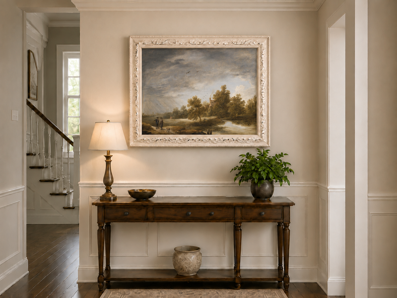 Hand-painted Riverside Cottage Beneath Dramatic Sky landscape oil painting displayed as wall art in a styled interior