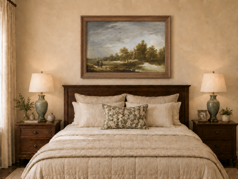 Hand-painted Riverside Cottage Beneath Dramatic Sky landscape oil painting displayed as wall art in a styled interior