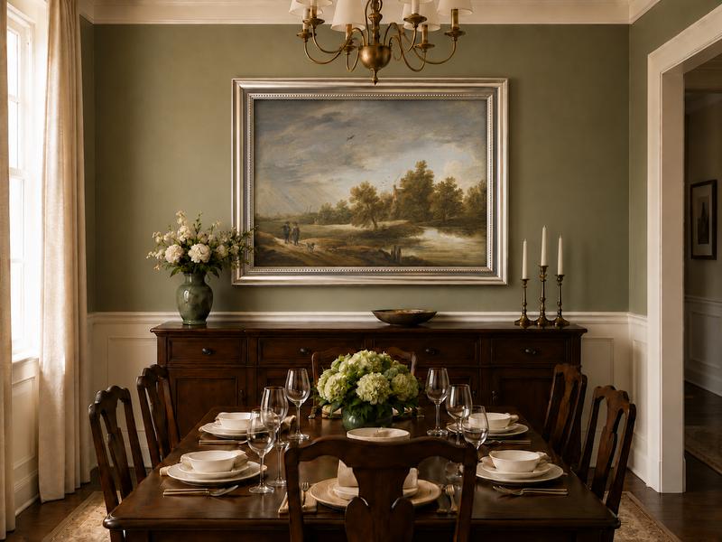 Hand-painted Riverside Cottage Beneath Dramatic Sky landscape oil painting displayed as wall art in a styled interior