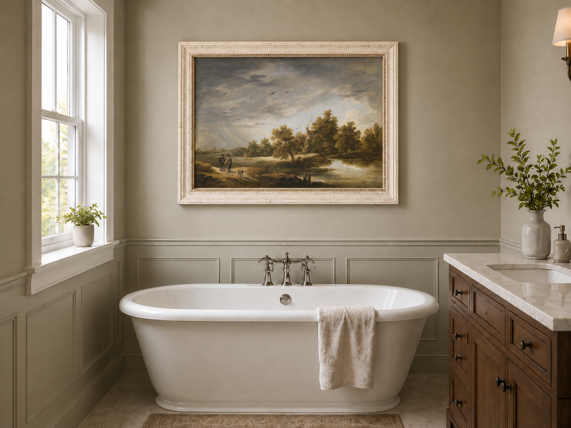 Hand-painted Riverside Cottage Beneath Dramatic Sky landscape oil painting displayed as wall art in a styled interior