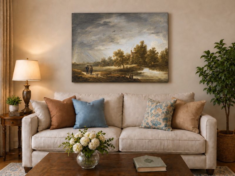 Hand-painted Riverside Cottage Beneath Dramatic Sky landscape oil painting displayed as wall art in a styled interior