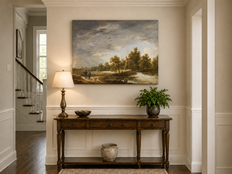 Hand-painted Riverside Cottage Beneath Dramatic Sky landscape oil painting displayed as wall art in a styled interior