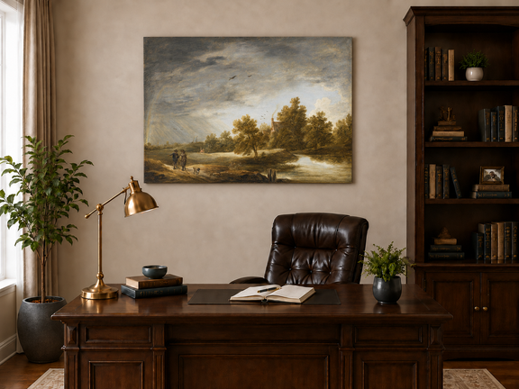 Hand-painted Riverside Cottage Beneath Dramatic Sky landscape oil painting displayed as wall art in a styled interior