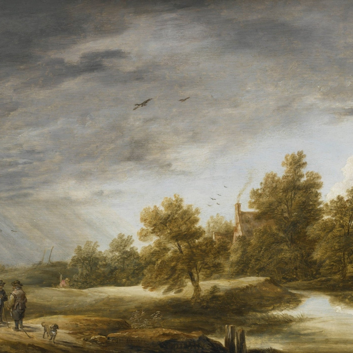 Hand-painted riverside cottage beneath dramatic sky landscape oil painting on canvas