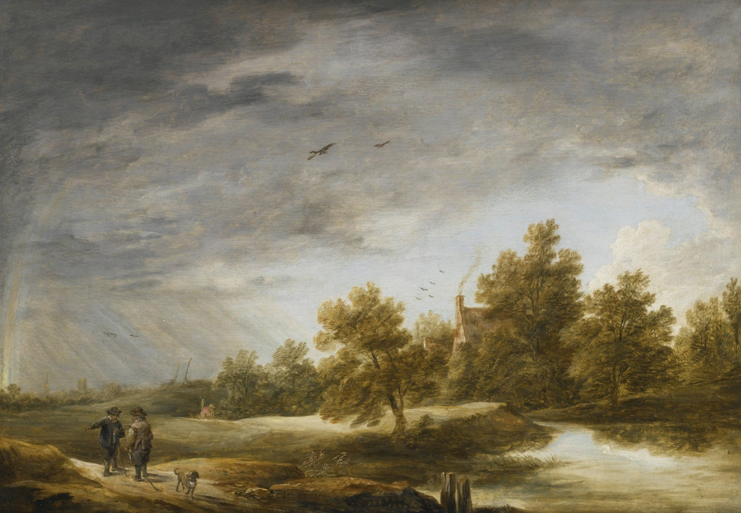 Hand-painted riverside cottage beneath dramatic sky landscape oil painting on canvas