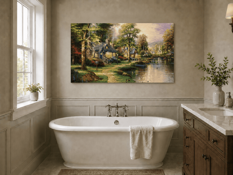 Landscape Oil Painting - Riverside Cottage Village Boat &