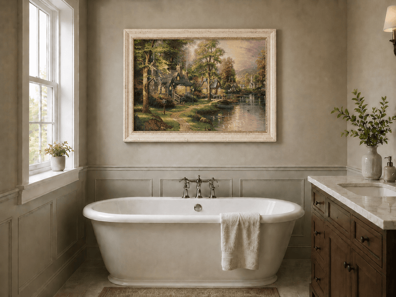 Landscape Oil Painting - Riverside Cottage Village Boat &