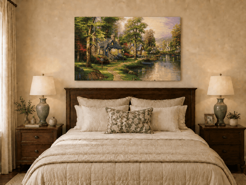 Landscape Oil Painting - Riverside Cottage Village Boat &