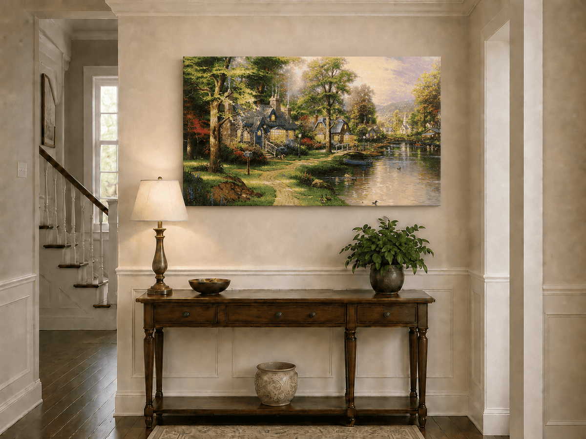 Landscape Oil Painting - Riverside Cottage Village Boat &