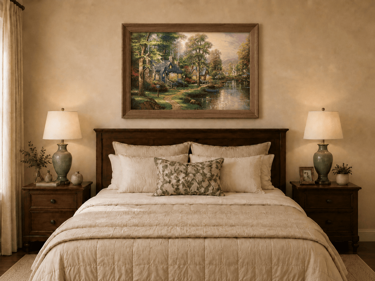 Landscape Oil Painting - Riverside Cottage Village Boat &