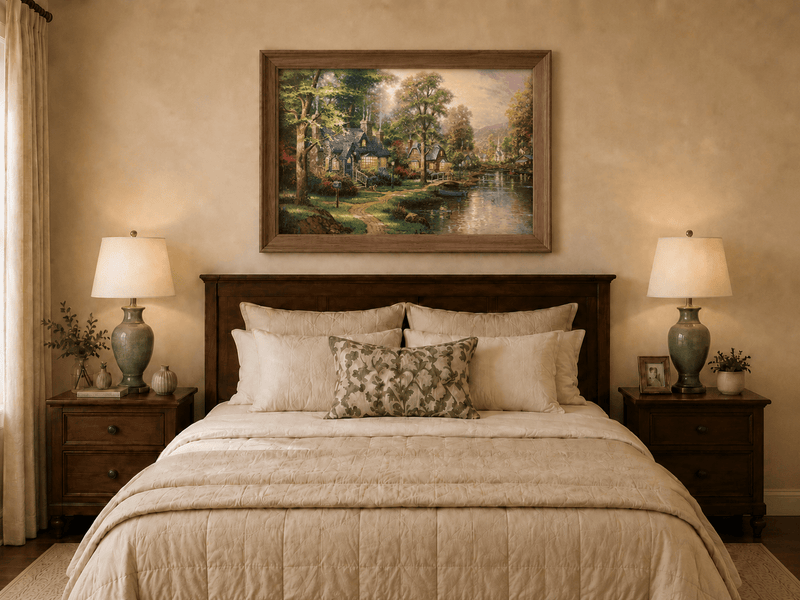 Landscape Oil Painting - Riverside Cottage Village Boat &