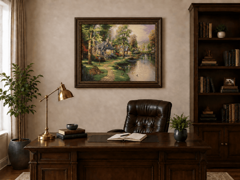 Landscape Oil Painting - Riverside Cottage Village Boat &