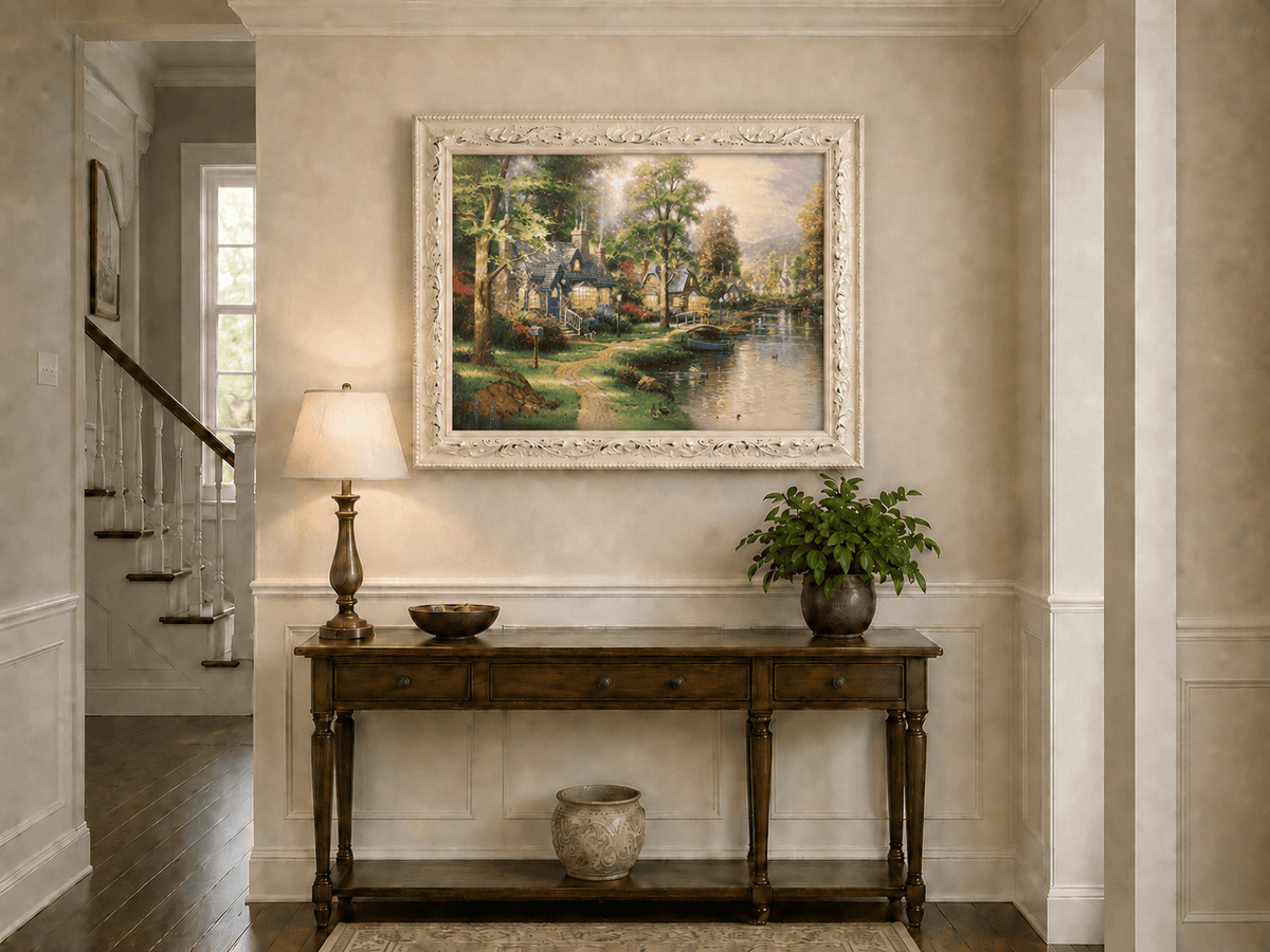 Landscape Oil Painting - Riverside Cottage Village Boat &