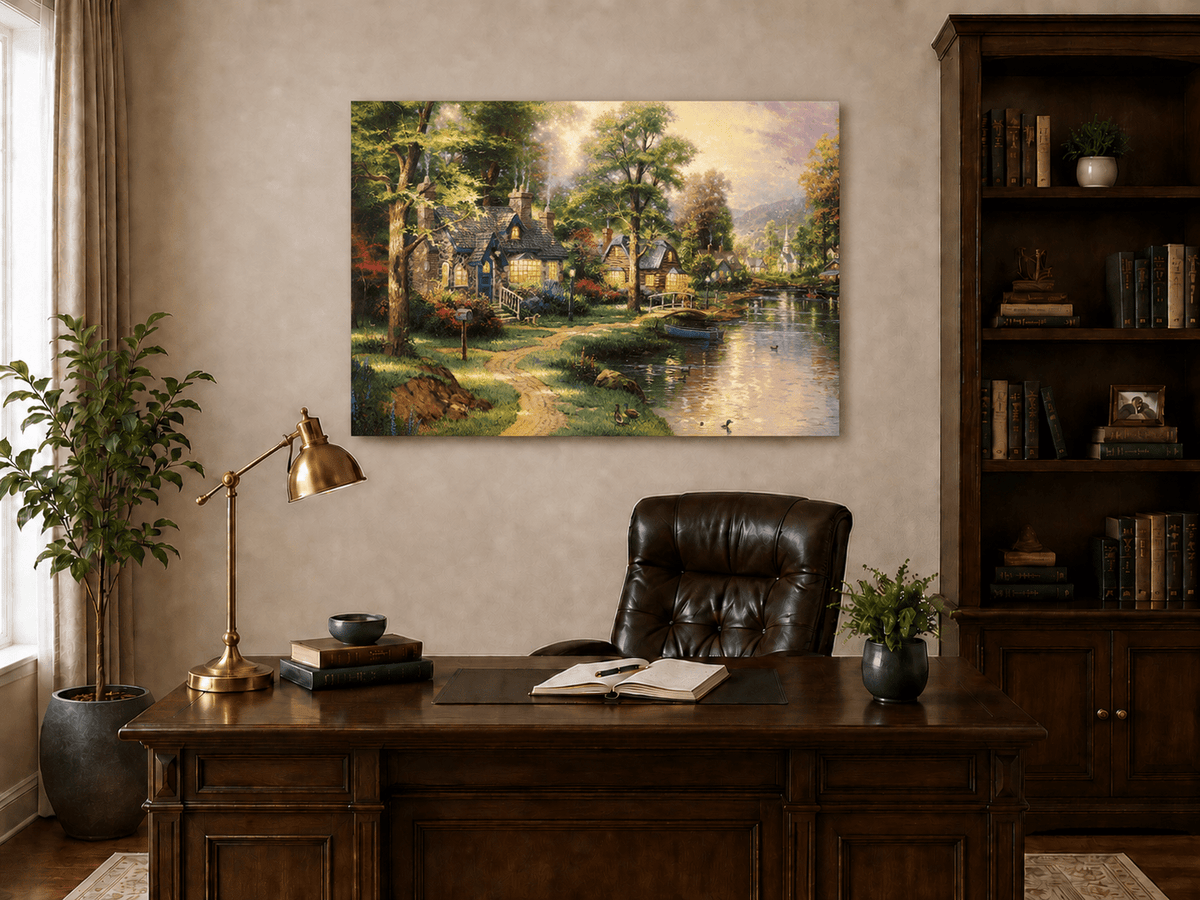 Landscape Oil Painting - Riverside Cottage Village Boat &
