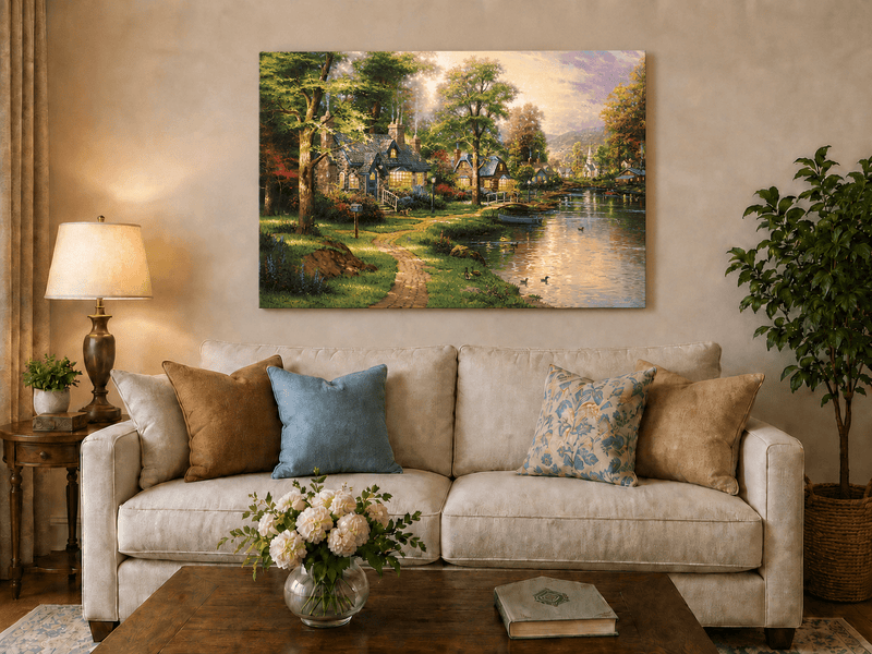Landscape Oil Painting - Riverside Cottage Village Boat &