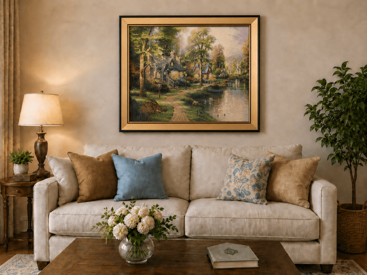 Landscape Oil Painting - Riverside Cottage Village Boat &