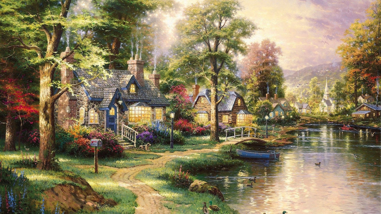 Landscape Oil Painting - Riverside Cottage Village With Boat & Cottages - Oil Painting Haven