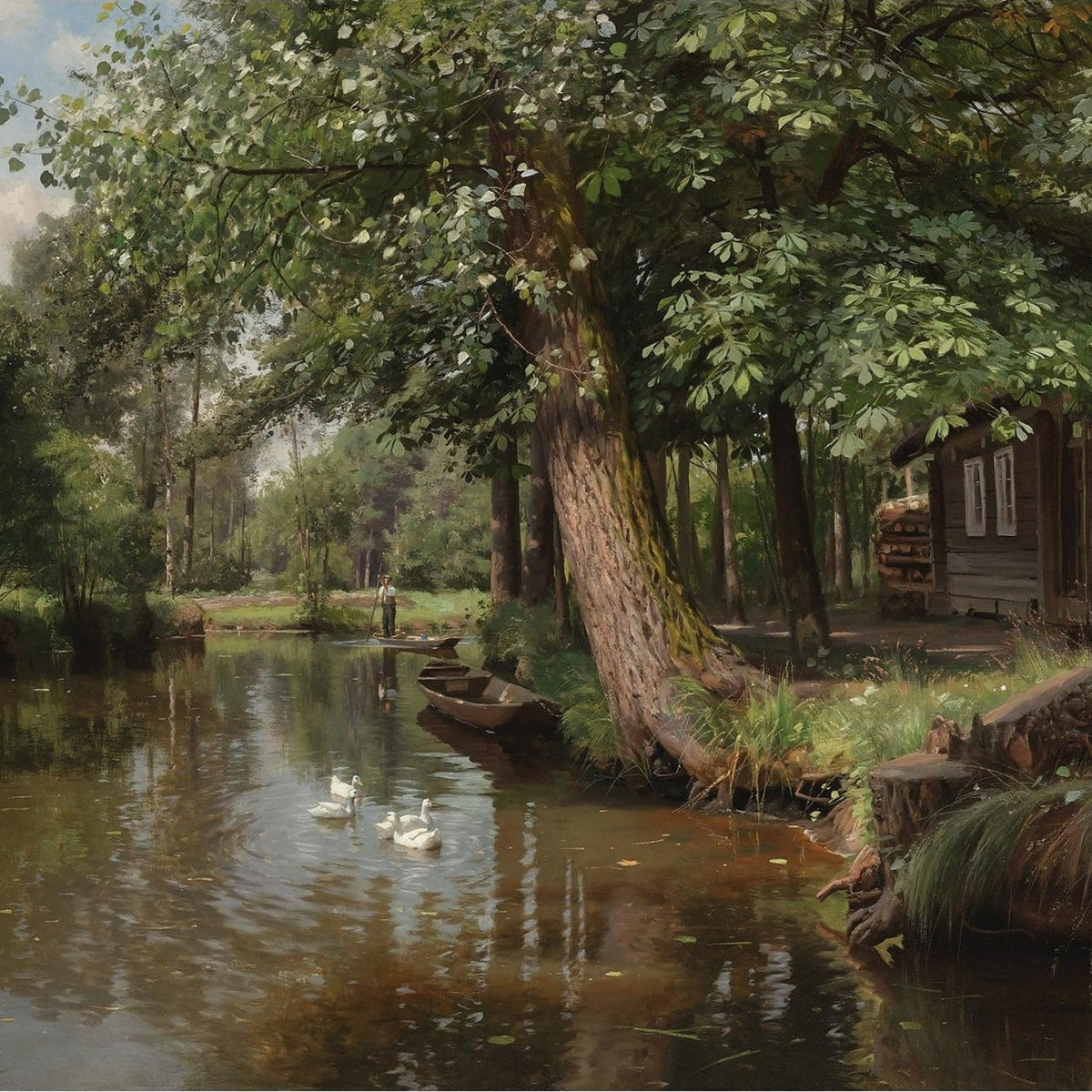 Hand-painted riverside cottage with ducks and trees landscape oil painting on canvas
