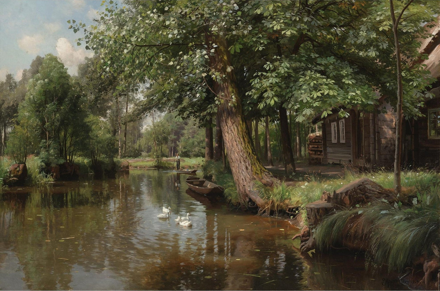 Hand-painted riverside cottage with ducks and trees landscape oil painting on canvas