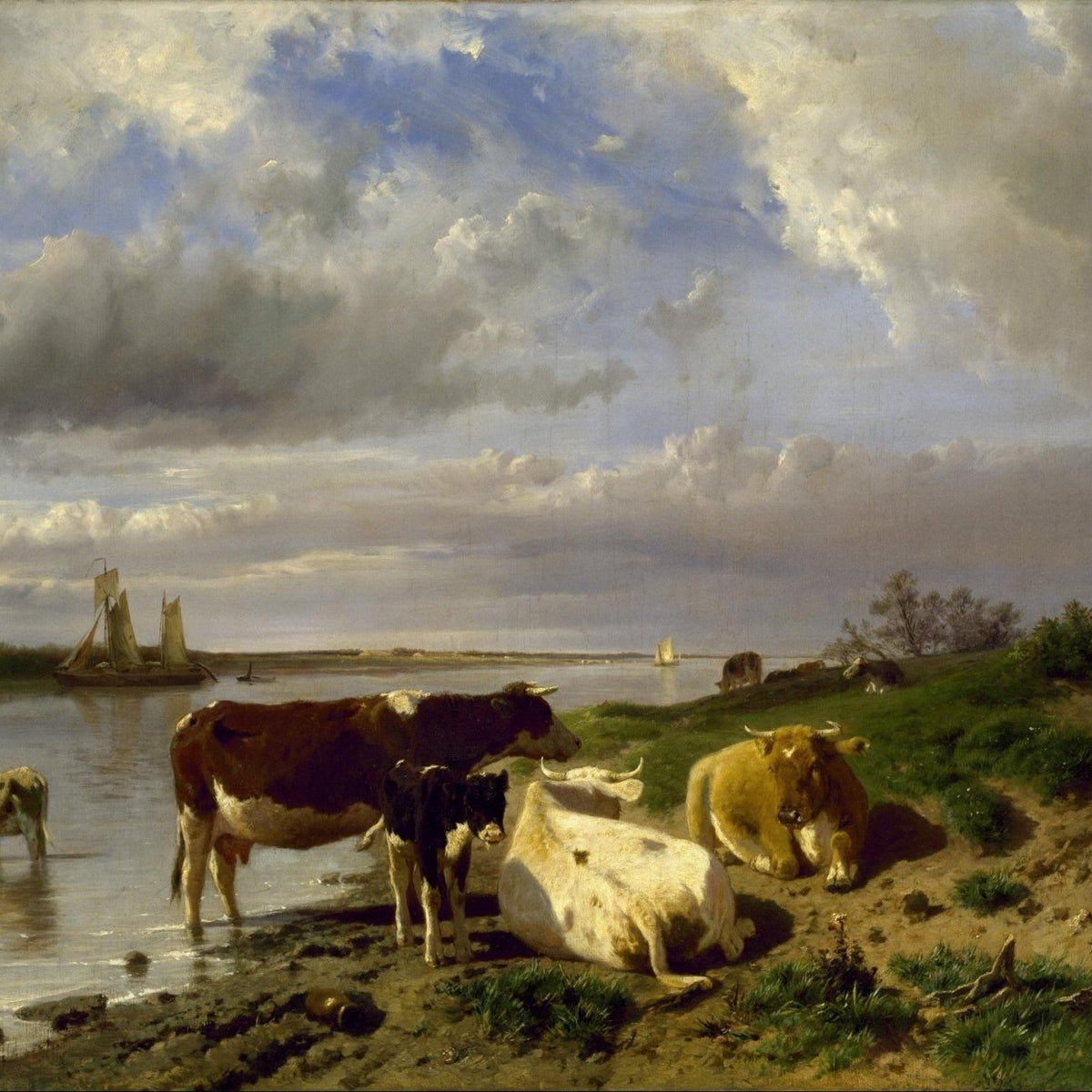Landscape Oil Painting - Riverside Cows under Dramatic Clouds - Oil Painting Haven