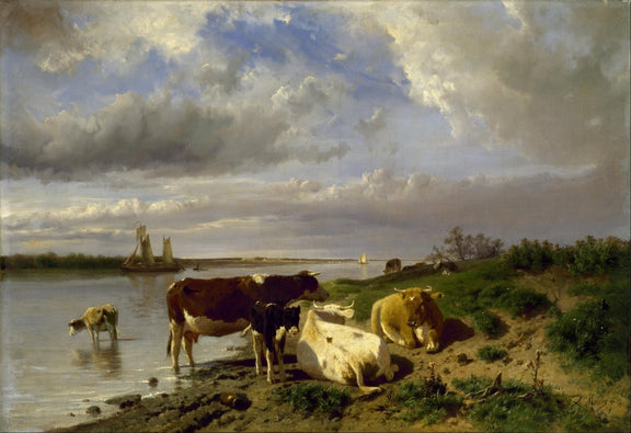 Landscape Oil Painting - Riverside Cows under Dramatic Clouds - Oil Painting Haven