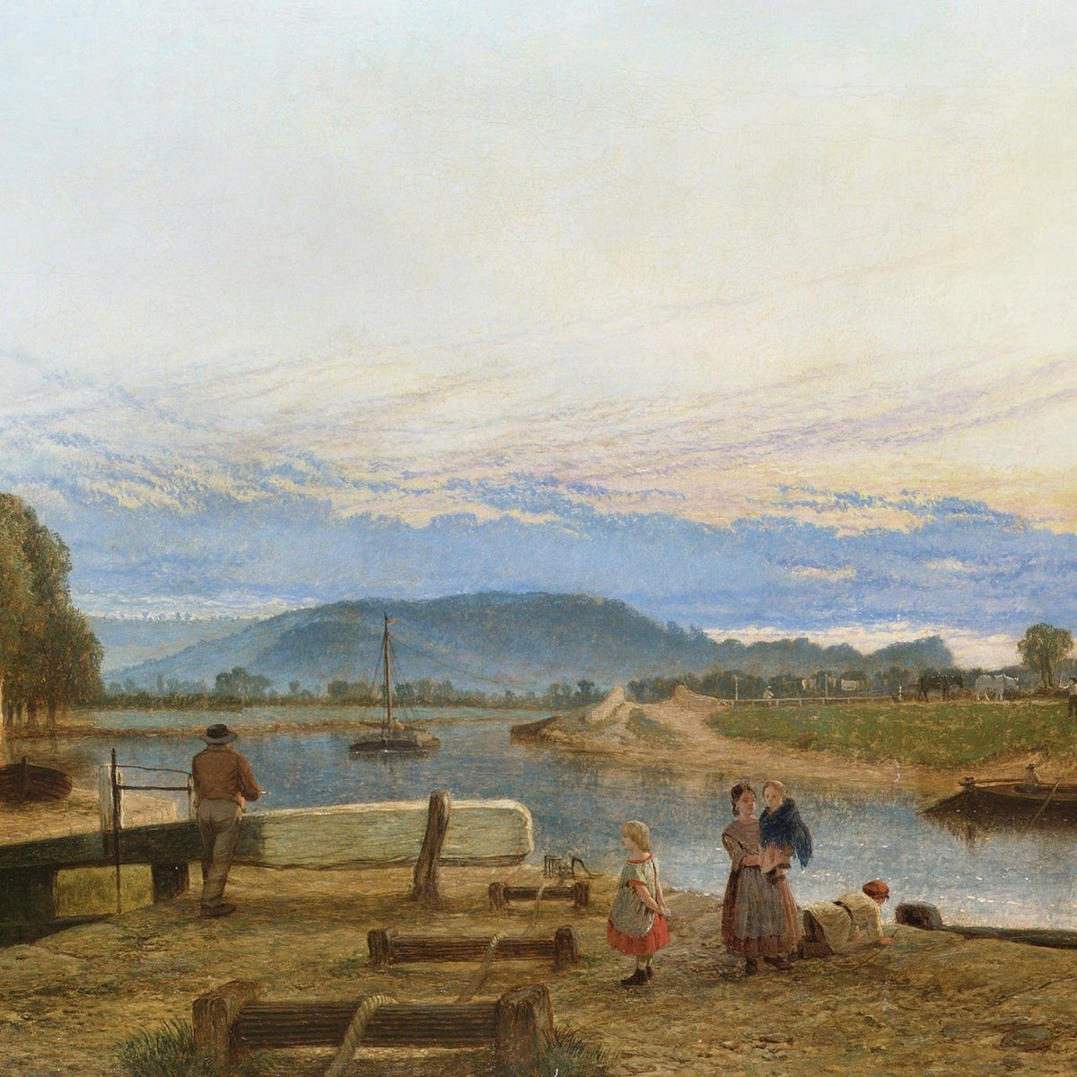 Landscape Oil Painting - Riverside Dock at Evening Light - Oil Painting Haven