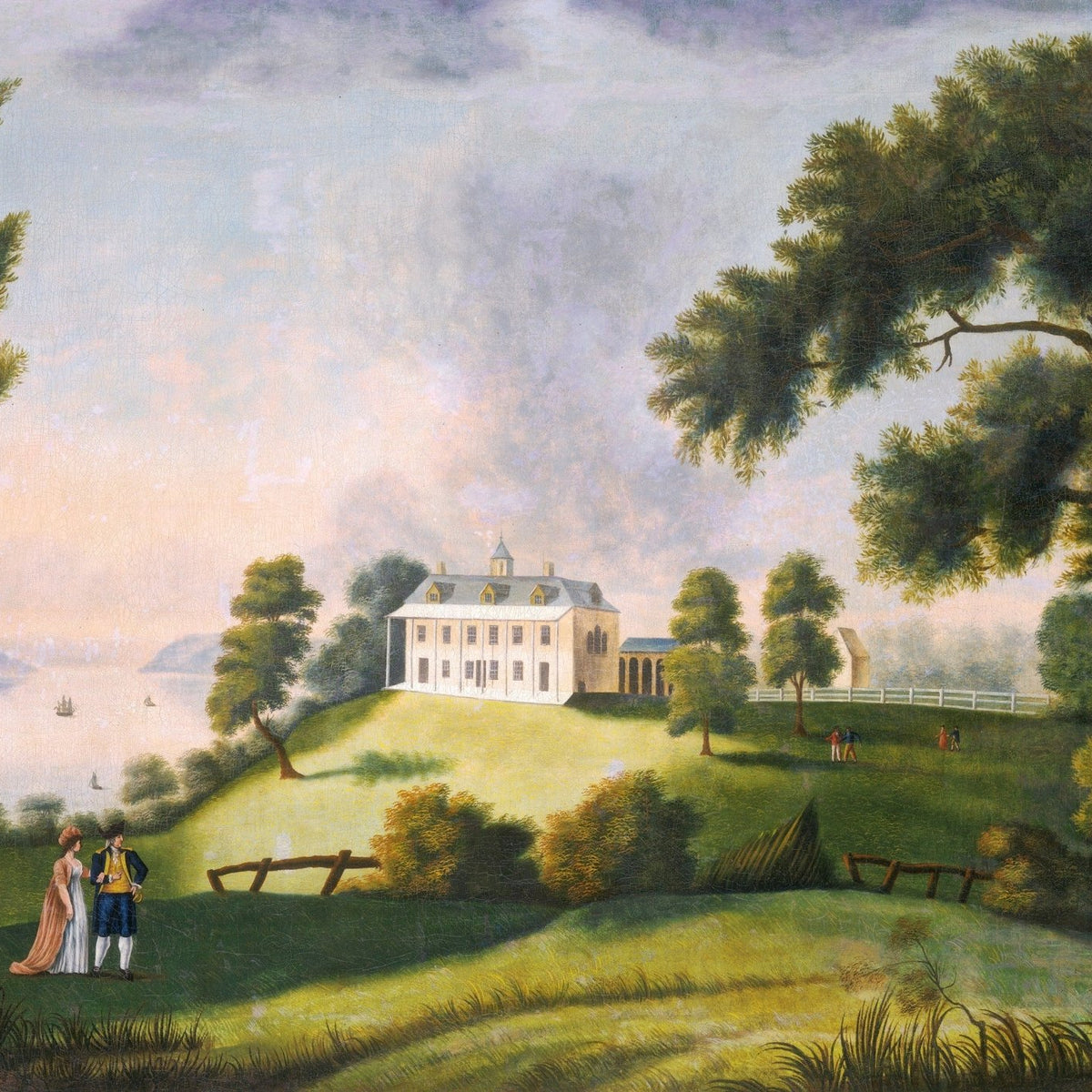 Hand-painted riverside estate with figures and trees landscape oil painting on canvas