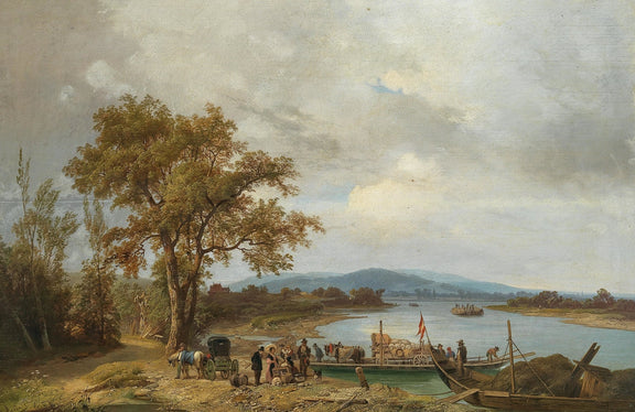 Hand-painted riverside ferry and country landing landscape oil painting on canvas