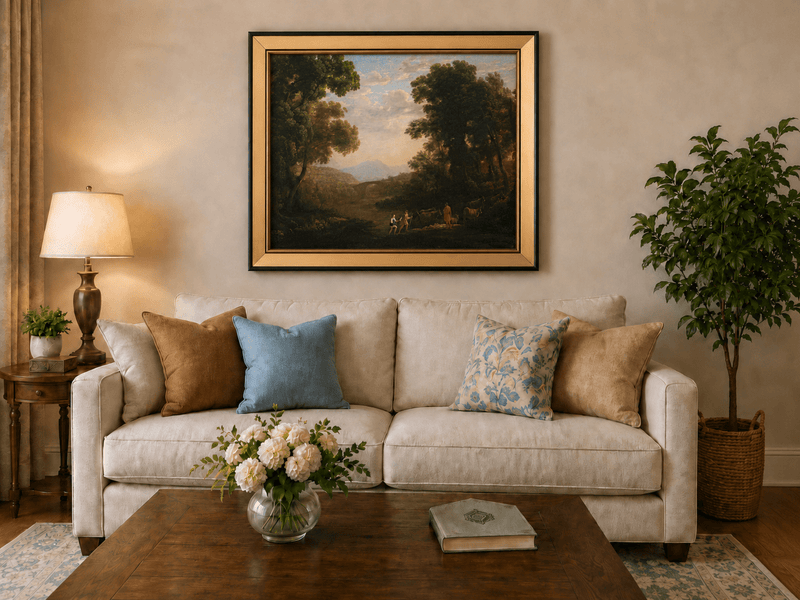 Landscape Oil Painting - Riverside Figures & Cattle
