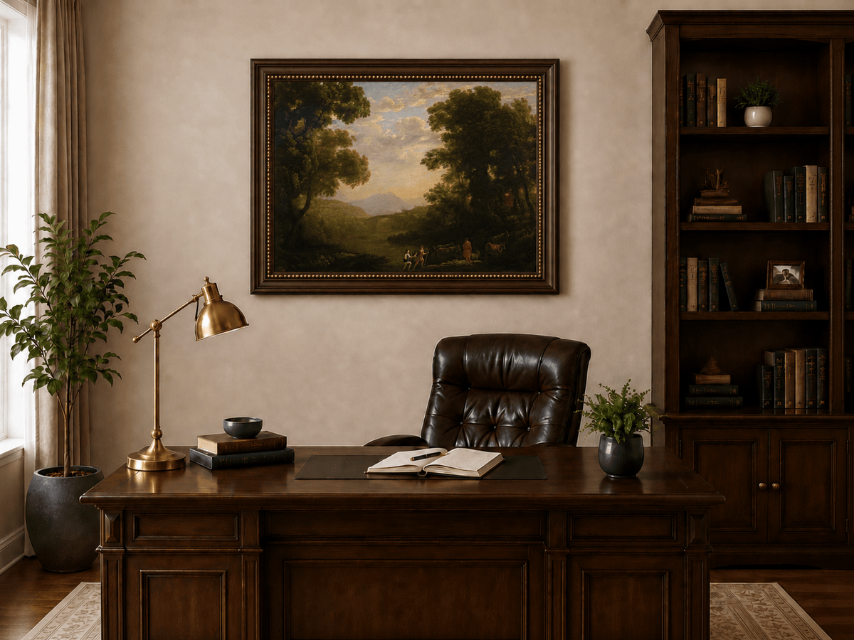 Landscape Oil Painting - Riverside Figures & Cattle