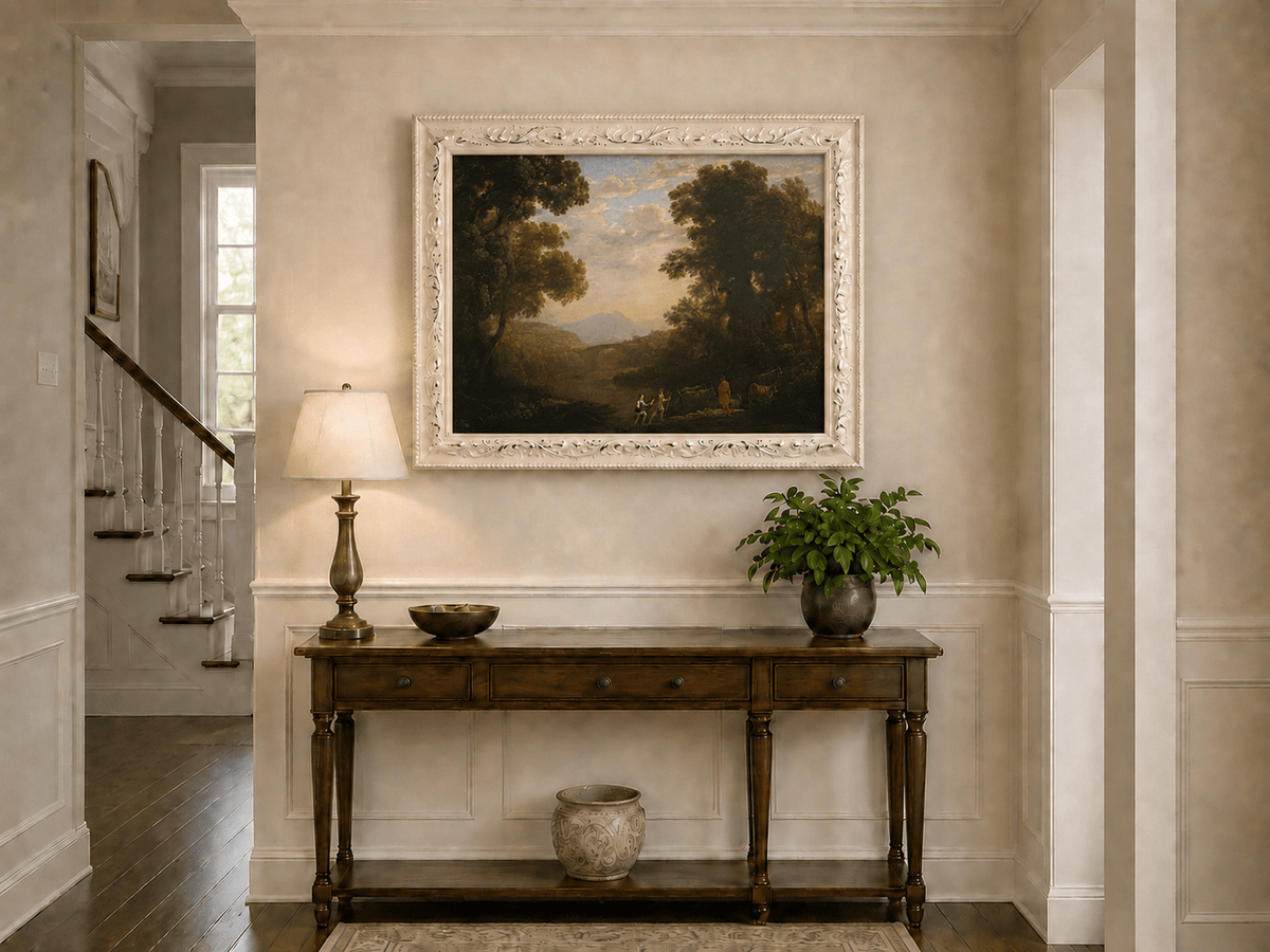 Landscape Oil Painting - Riverside Figures & Cattle