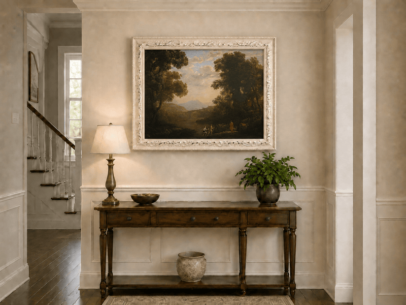Landscape Oil Painting - Riverside Figures & Cattle