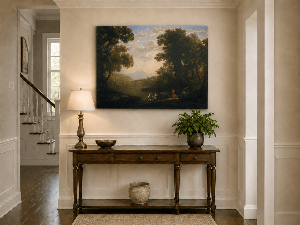 Landscape Oil Painting - Riverside Figures & Cattle